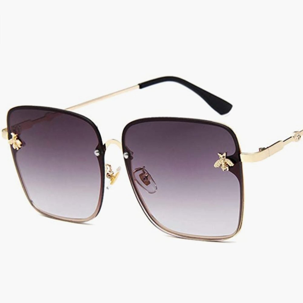 Retro Dark Grey Gold Ombre Oversized Square Rectangle Rimless Sunglasses - Picture 4 of 8